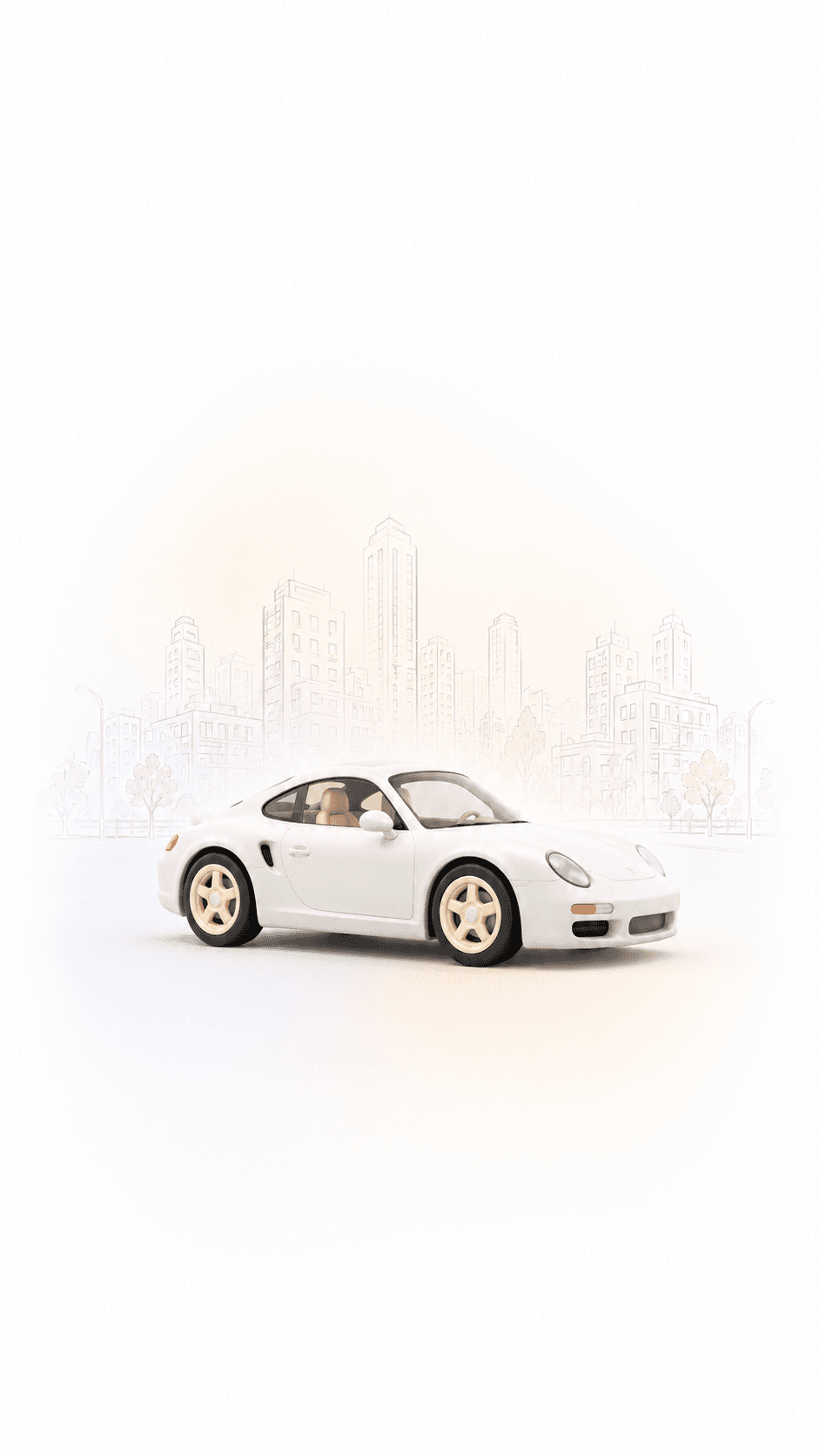 White car in front of an illustrated city