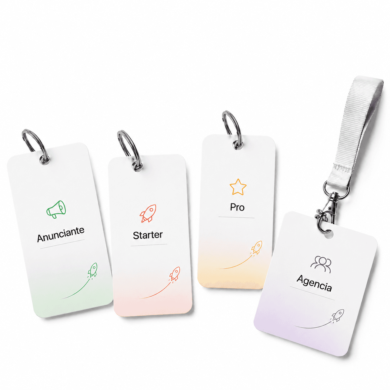 Etiquetas visuales de los paquetes Anunciante, Starter, Pro y Agencia de Cliquealo.mx